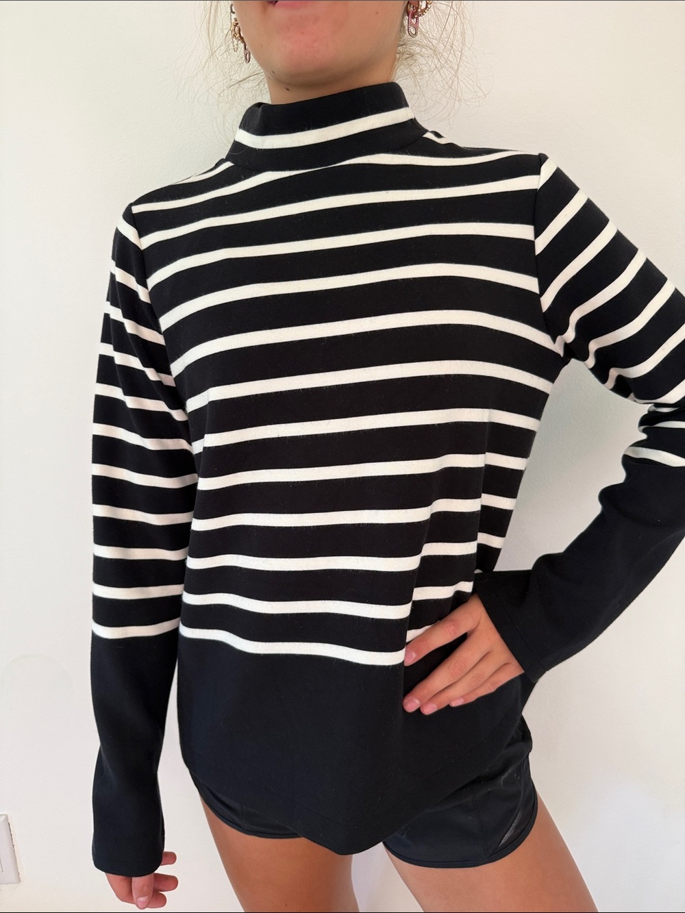 Spanx Small Black & White Striped Mock Neck Sweater
